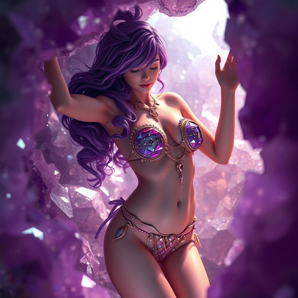 Priestess Dancing in Amethyst Cave, Hyper-realistic Image