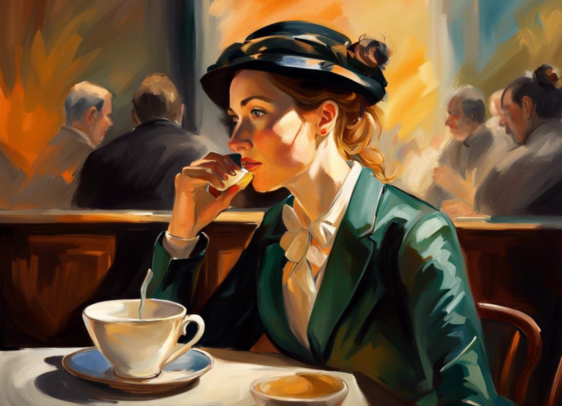 Woman Sipping Tea in Impressionistic Style