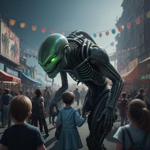 Alien Family at Carnival: Hyperrealistic 3D Render