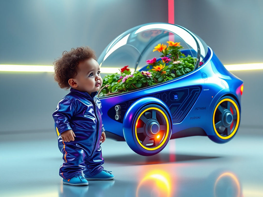 Toddler Gazing at Futuristic Flying Greenhouse Car