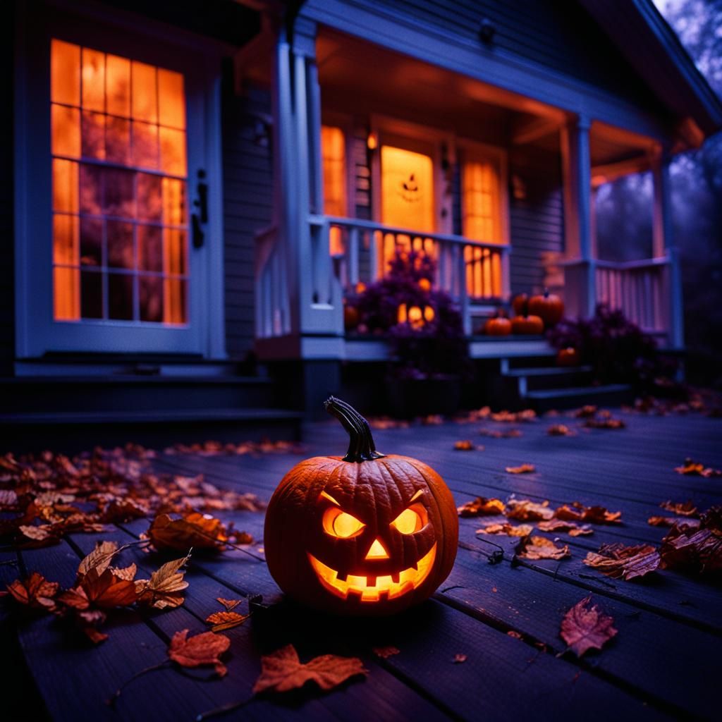 Eerie Jack-o'-Lantern on a Misty Porch