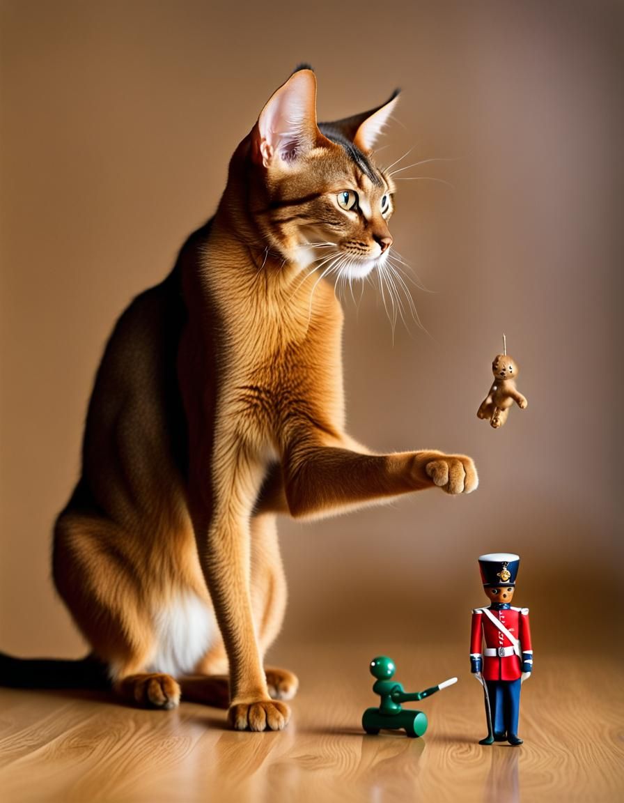 Abyssinian Cat About to Pounce on Toy Soldier