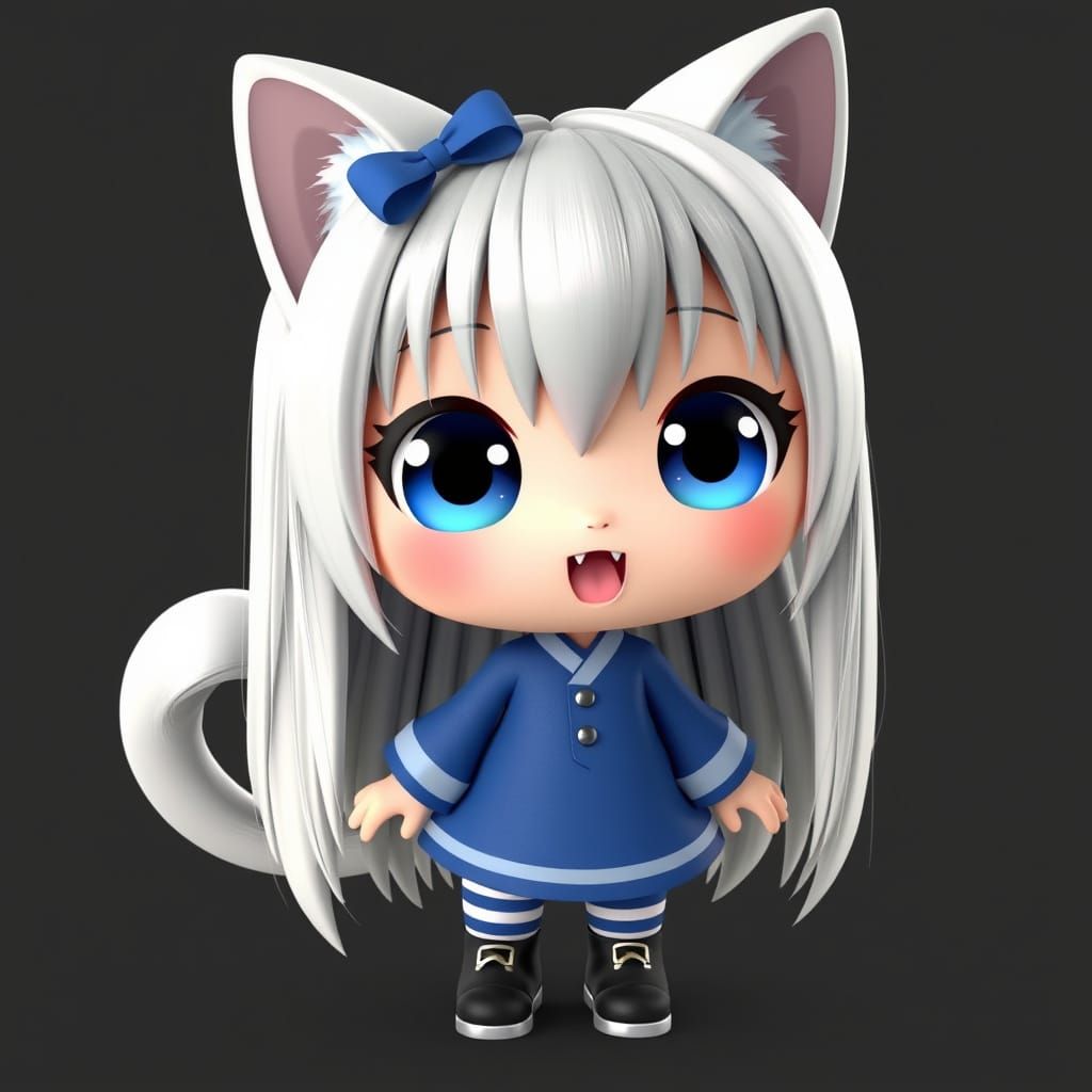 Anime Catgirl in Traditional Blue Dress with Silver Accents