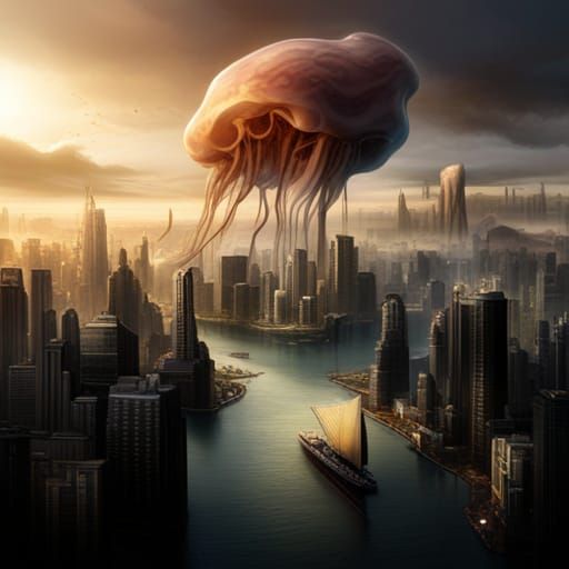 City in Jellyfish: Epic Maximalist Digital Painting