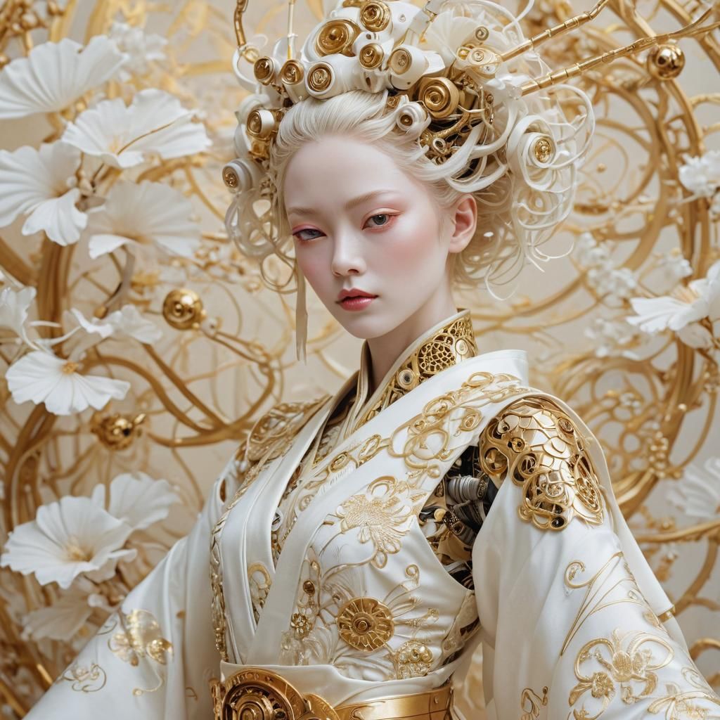 Art Deco Cyborg Geisha Portrait in Gold Light