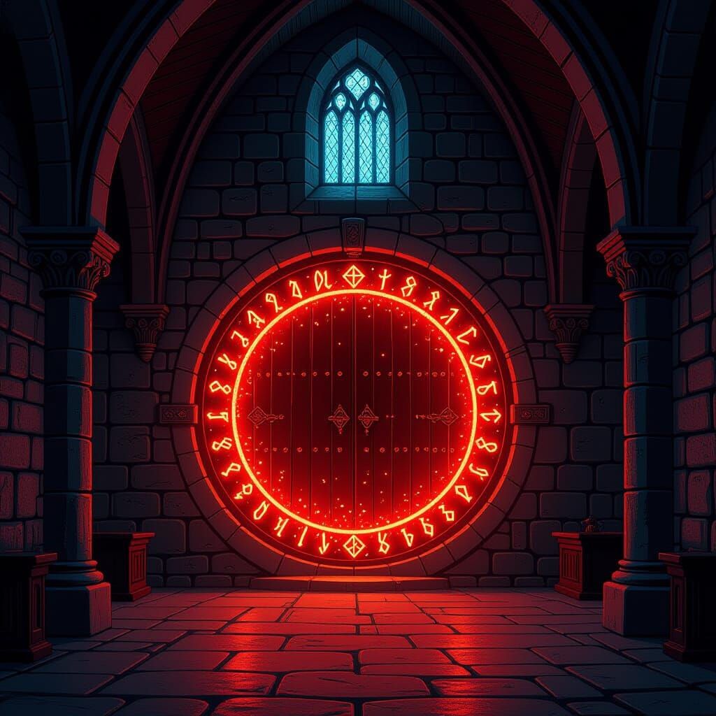 Magical Red Portal in Medieval Castle Interior