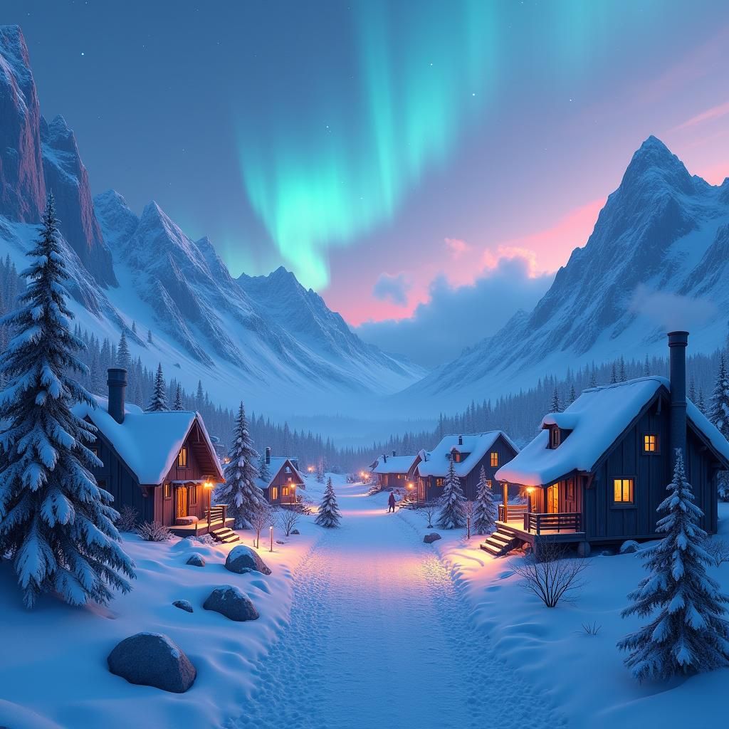 Arctic Village Amidst Aurora, Environmental Concept Art