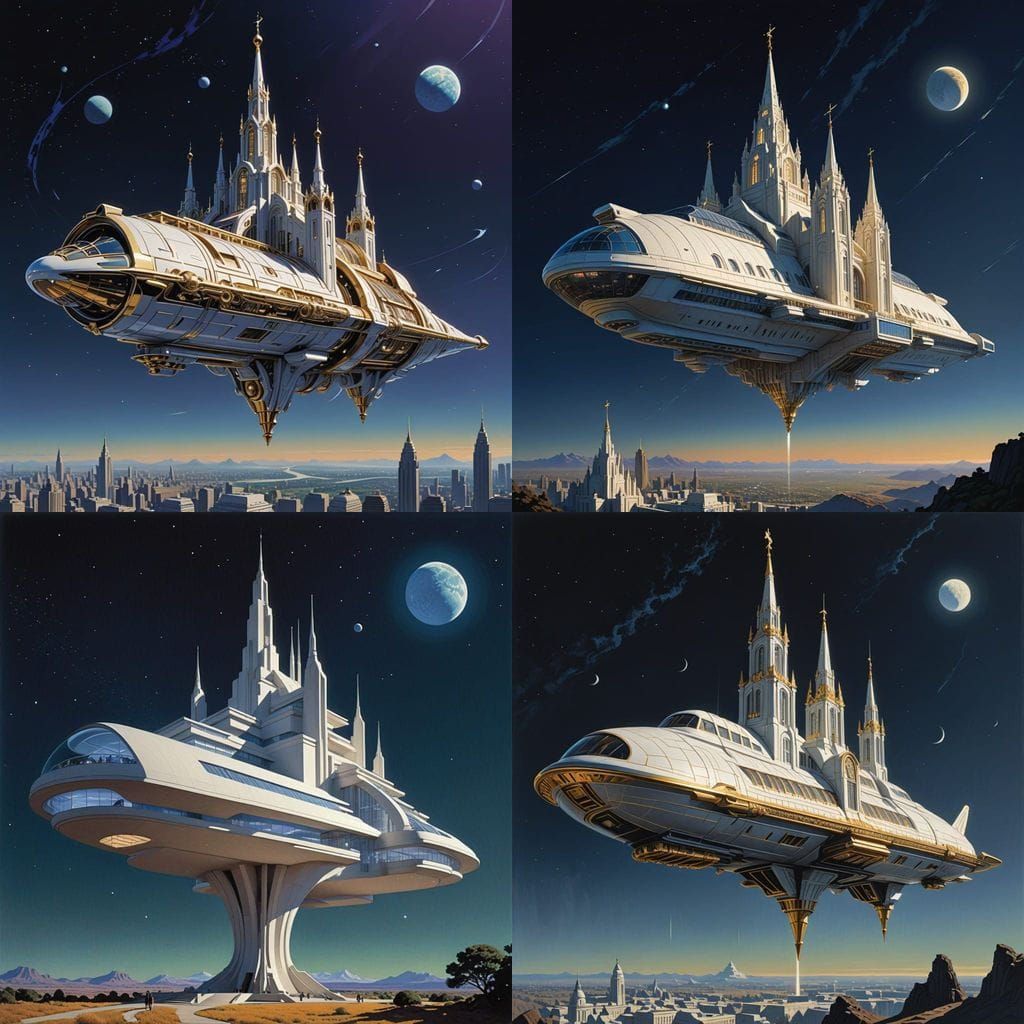 Mormon Temple-Inspired Spaceship with Angelic Trumpeter Stat...