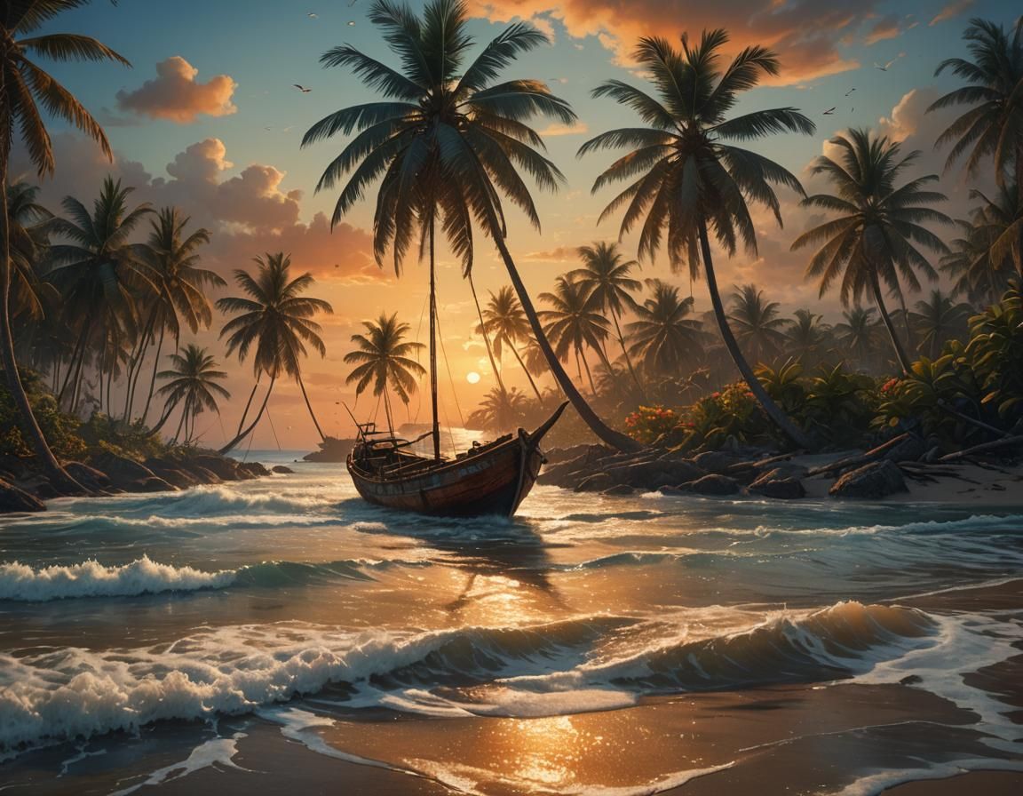 Seaside Sunset Coconut Boat Matte Painting