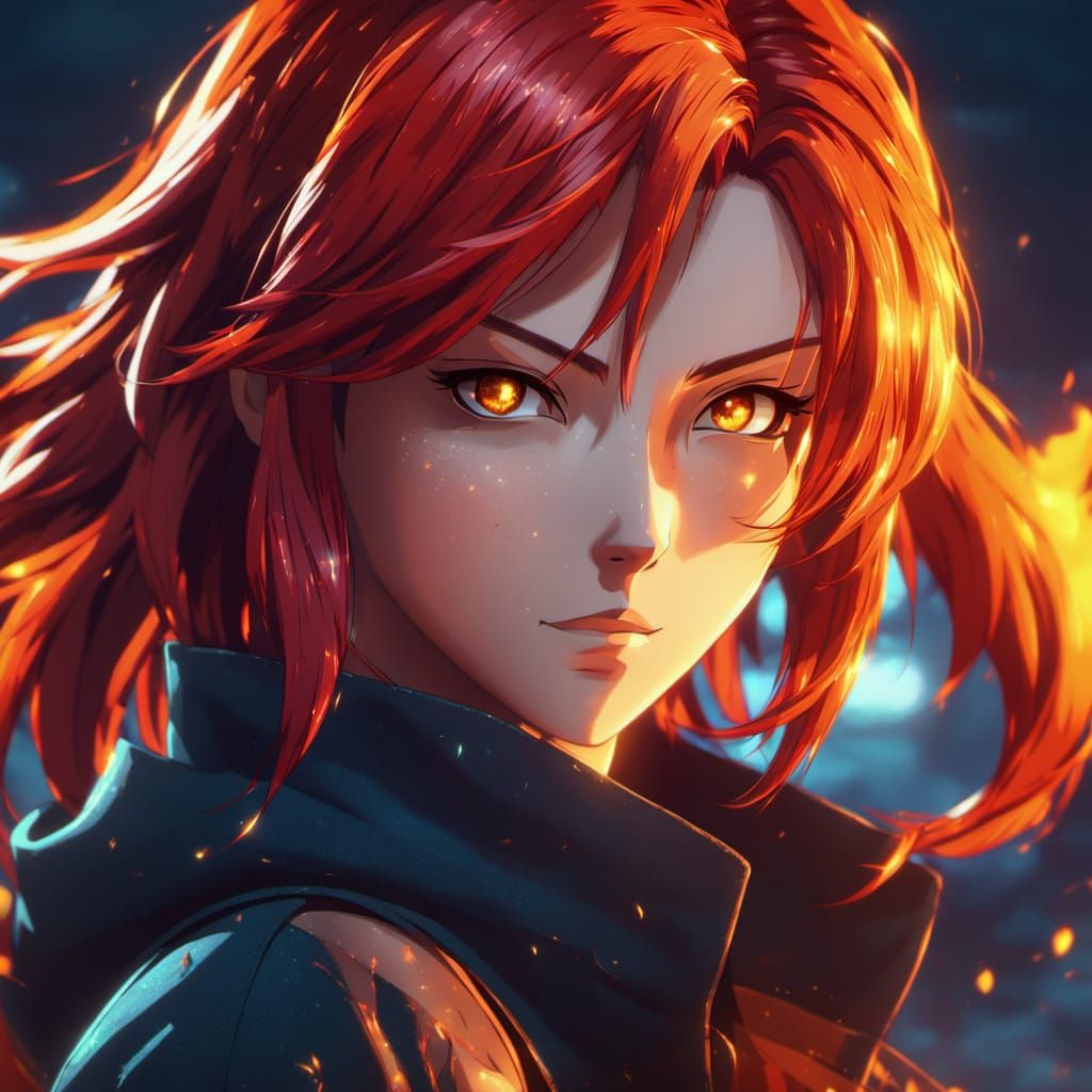 Anime Girl with Fiery Hair in Dynamic Lighting