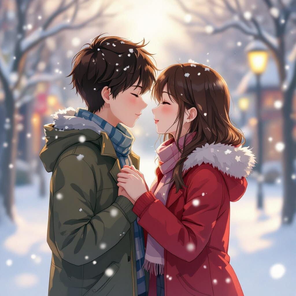 Anime Couple Kissing in Snow