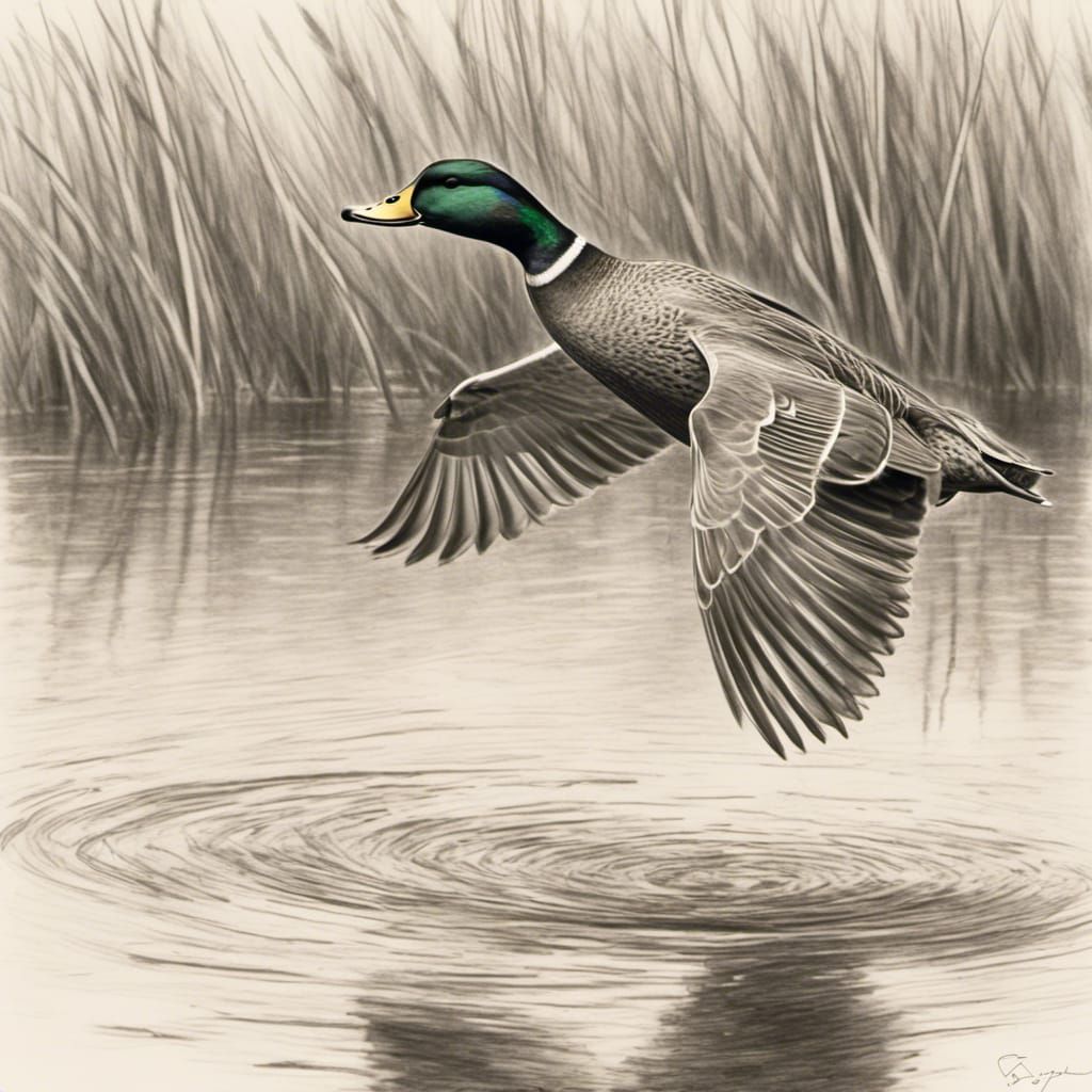 Mallard Duck Taking Flight: Minimalist Pencil Sketch