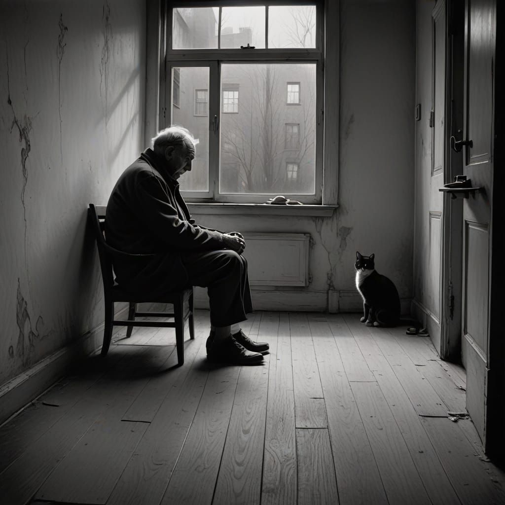 Elderly Man in Quiet Sorrow, Charcoal Sketch
