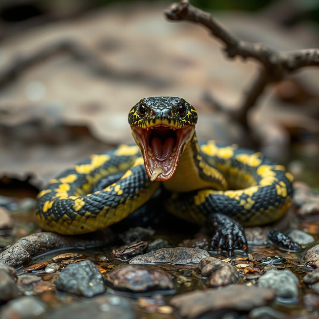Photorealistic Swamp Snake Creature in Black and Yellow