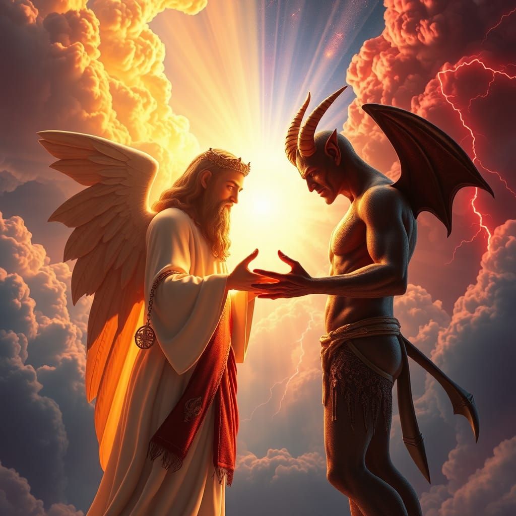 God and Devil in Celestial Reconciliation as 3D Rendered Art