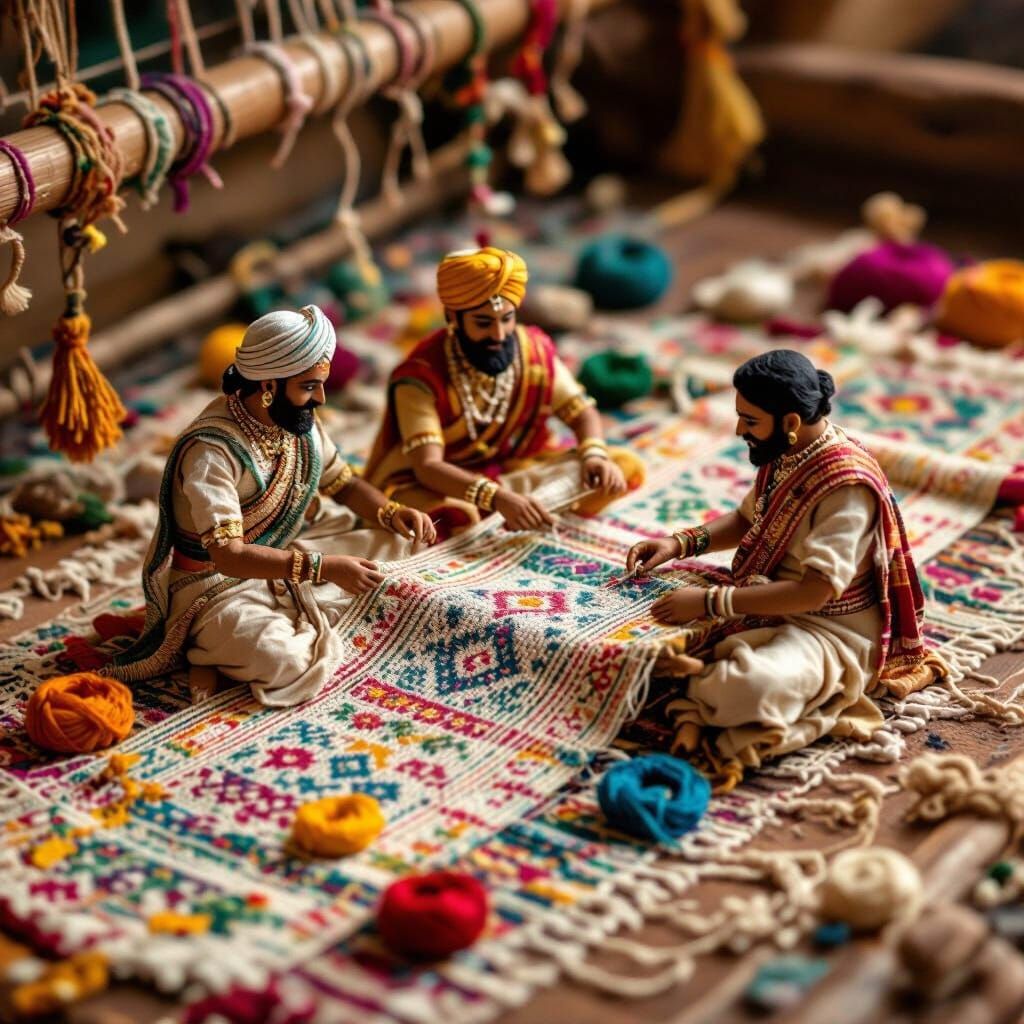 Miniature Men Weaving Handloom Saree in Folk Art Style
