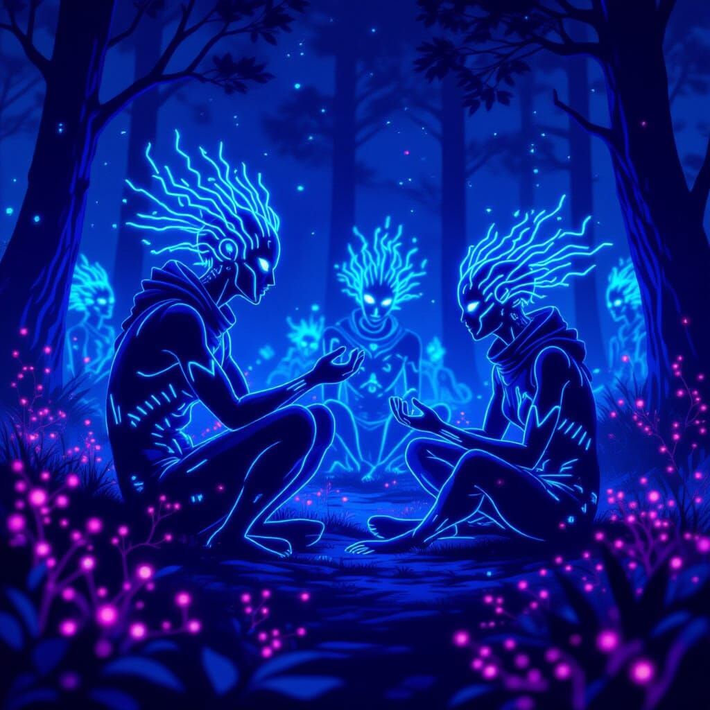 Bioluminescent Beings in Neon-Lit Digital Art Style