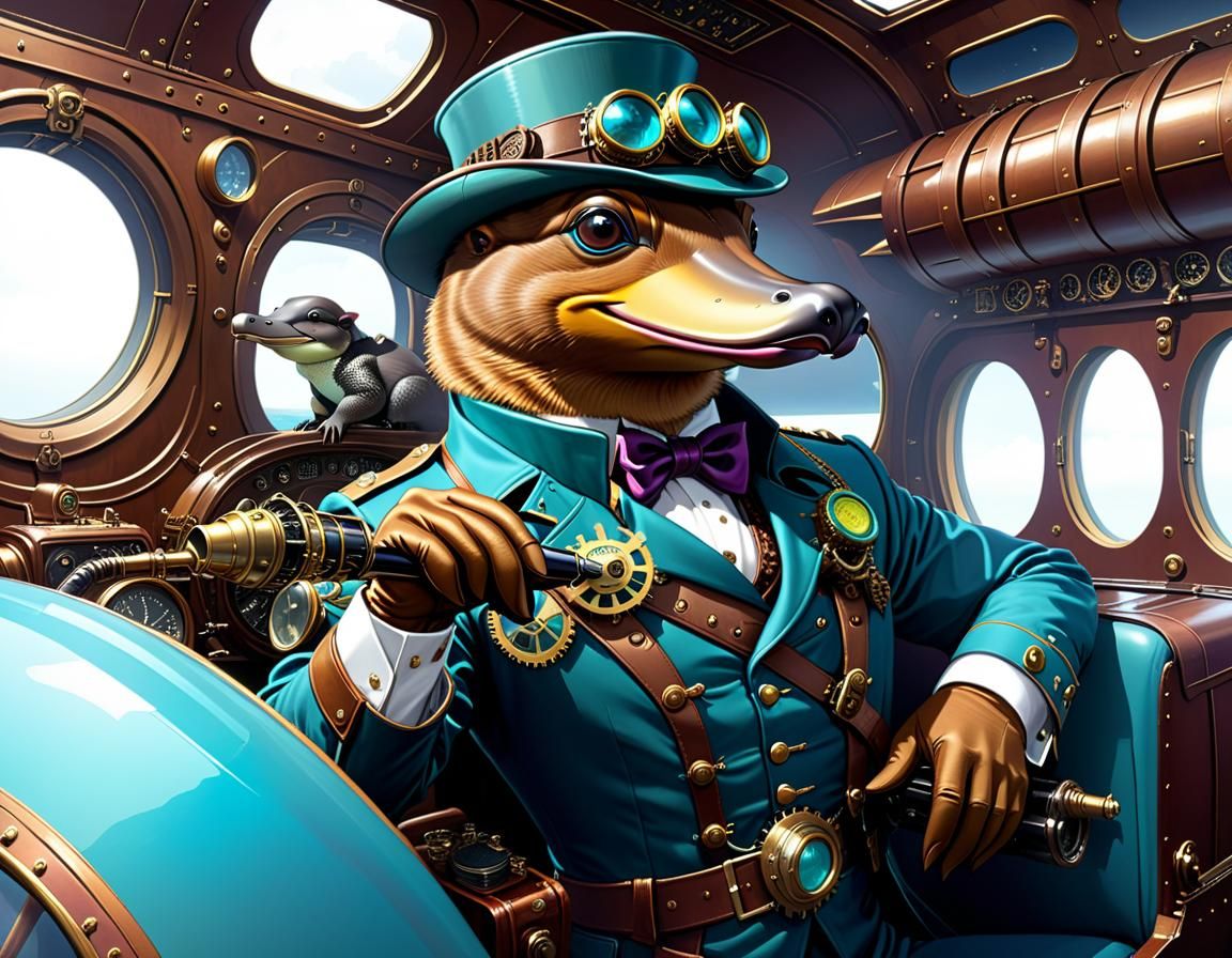 Steampunk Platypus in Cell-Shaded Fantasy Airplane