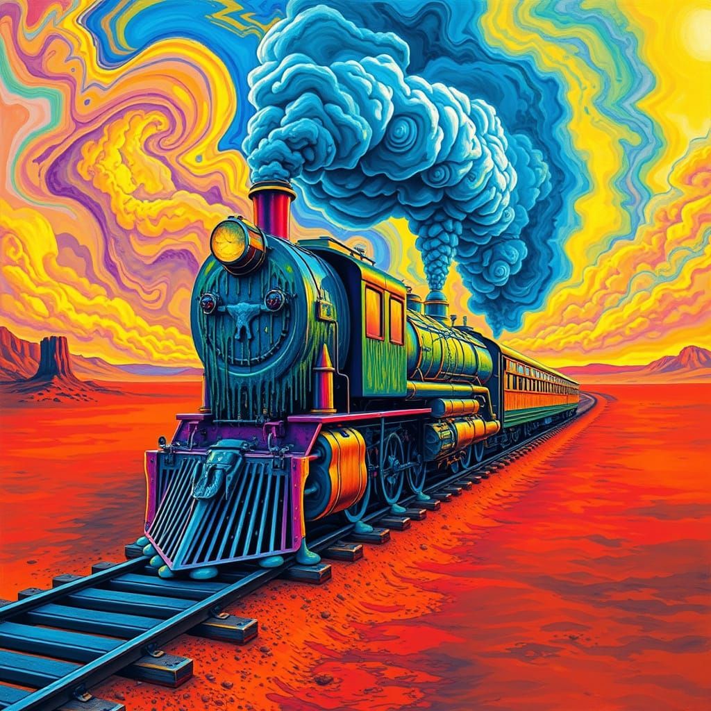 Surreal Desert Train in Vibrant Dreamlike Style