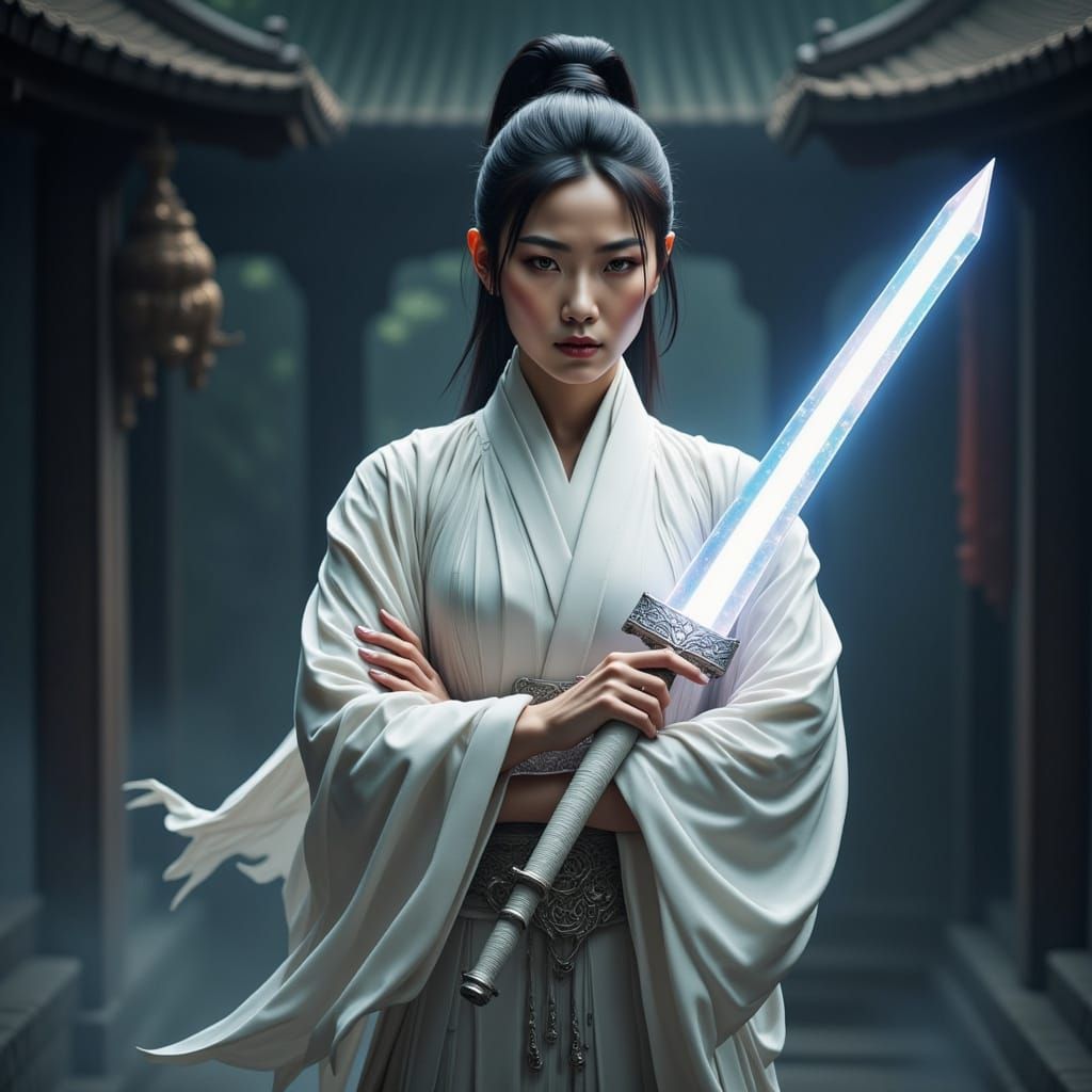 Martial artist holding her luminescent fighting sword. Hilt holds hidden dagger.