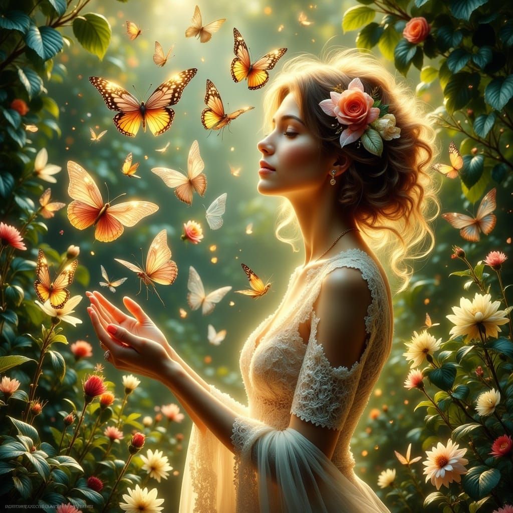 Ethereal Goddess in a Lush Garden Paradise