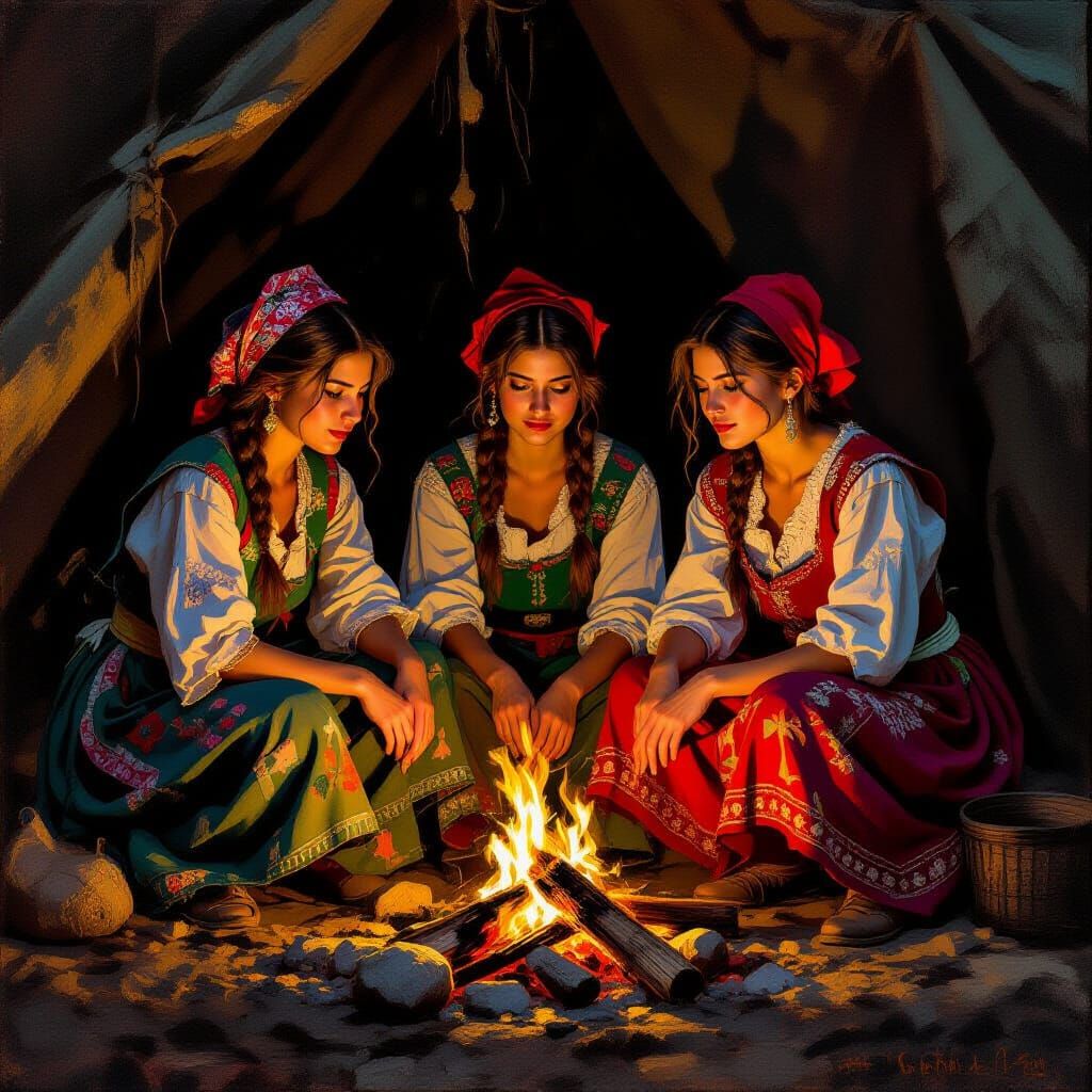 Romanian Women in Camp, Warm Firelight, Textured Attire