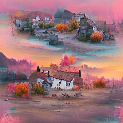Pastel grunge cottage village during an autumn sunset