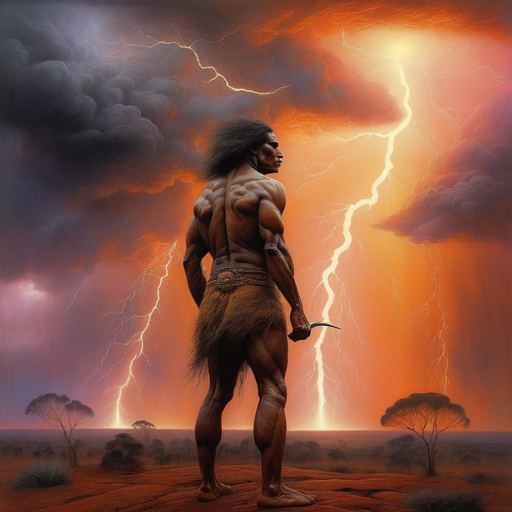 Aboriginal Warrior in Lightning Storm, Charcoal Drawing
