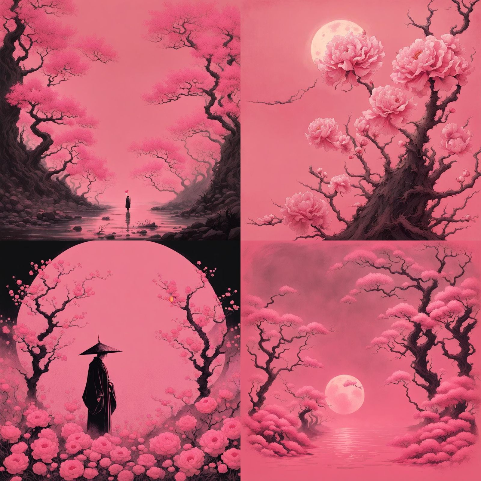 Retro Pink Minimalist Flowers in Japanese Art