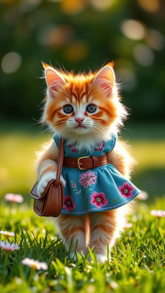 Kitten in Blue Dress on Green Lawn