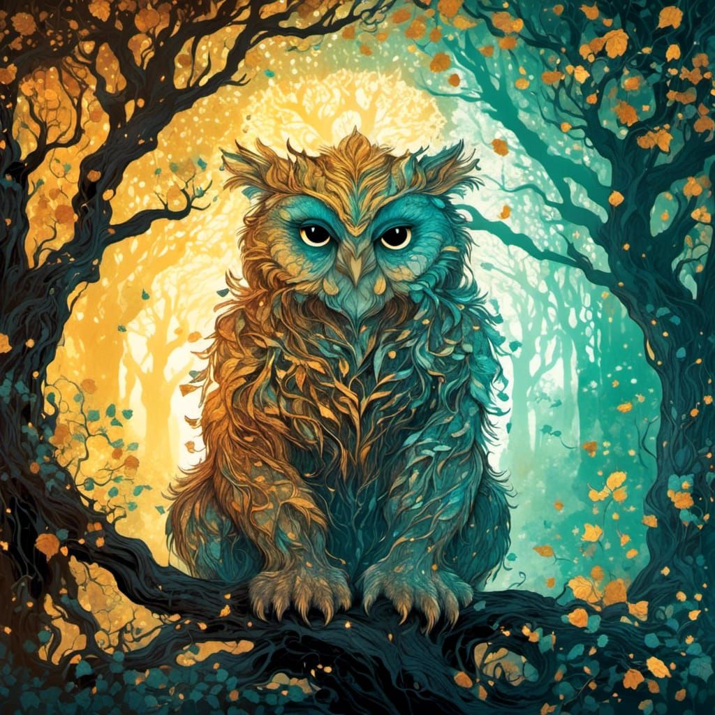 Neon Owlbear Tree with Golden Details