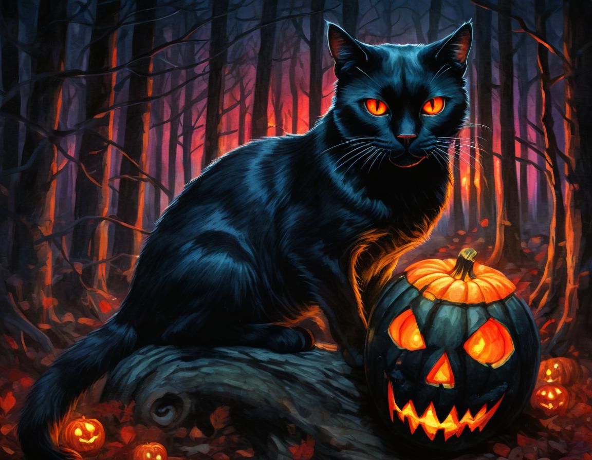 Black Cat and Skull in Dark Fantasy Watercolor