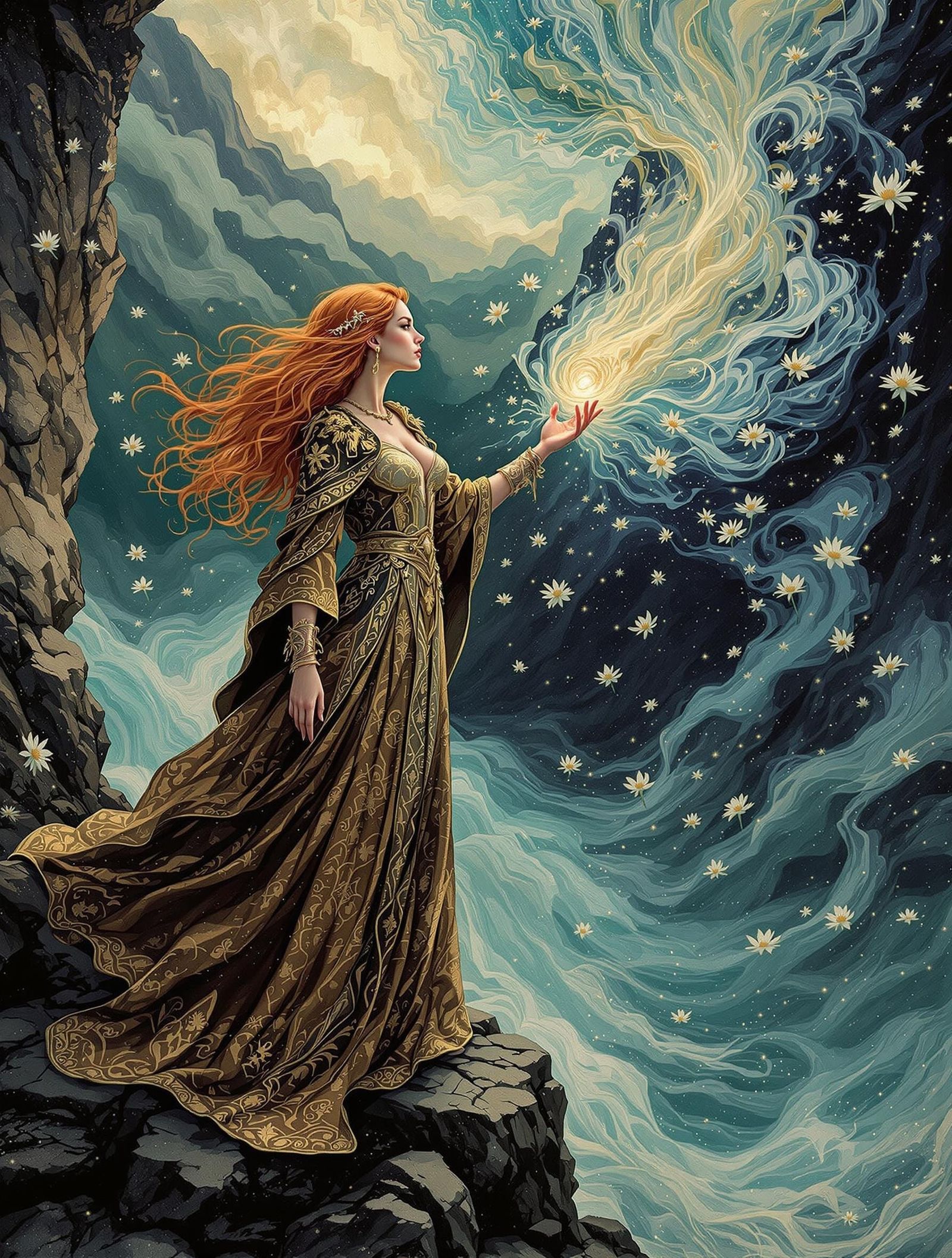 Mystical Witch Unfurls Celestial Magic in Gouache and Metall...