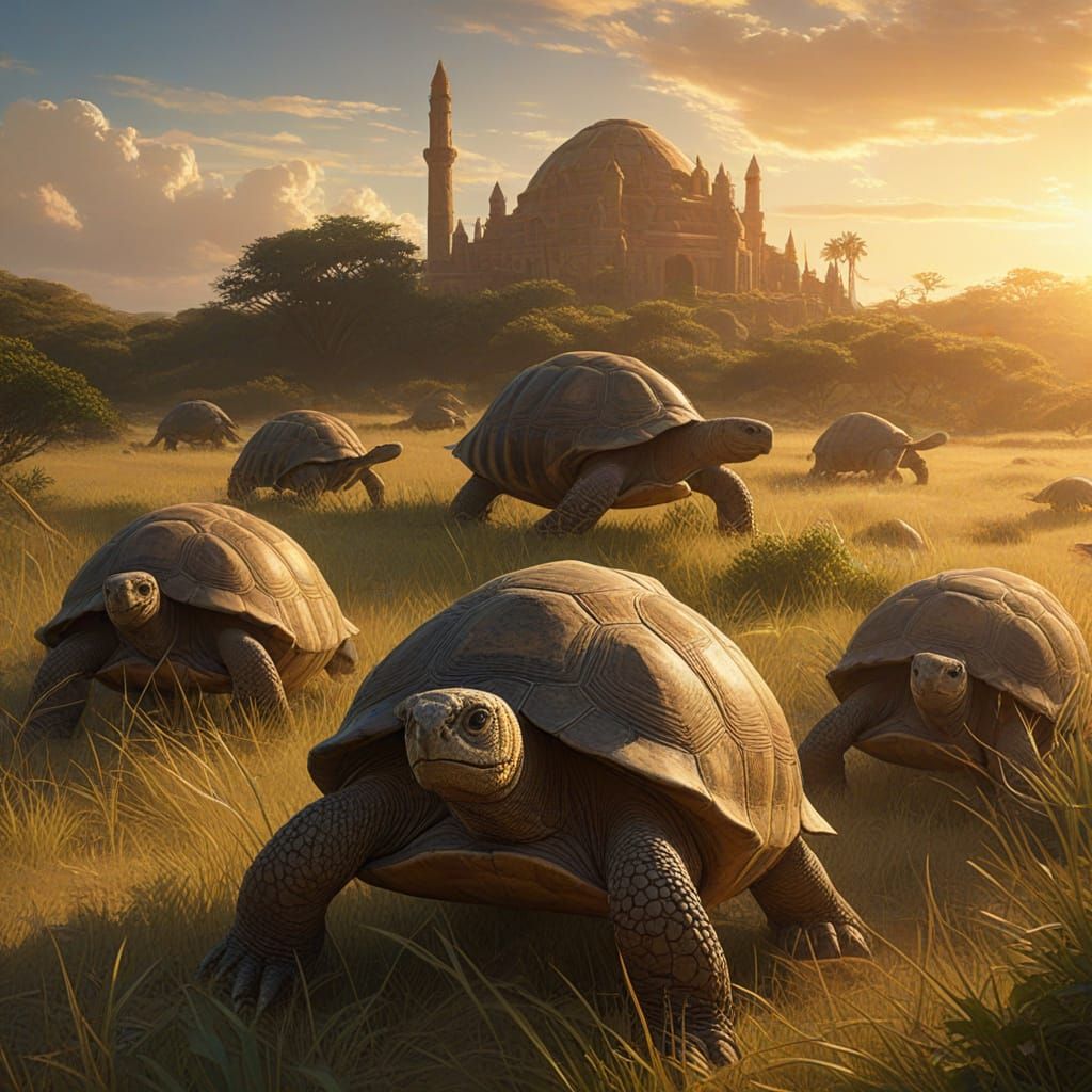 Giant Tortoises in Sunlit Ancient Savannah