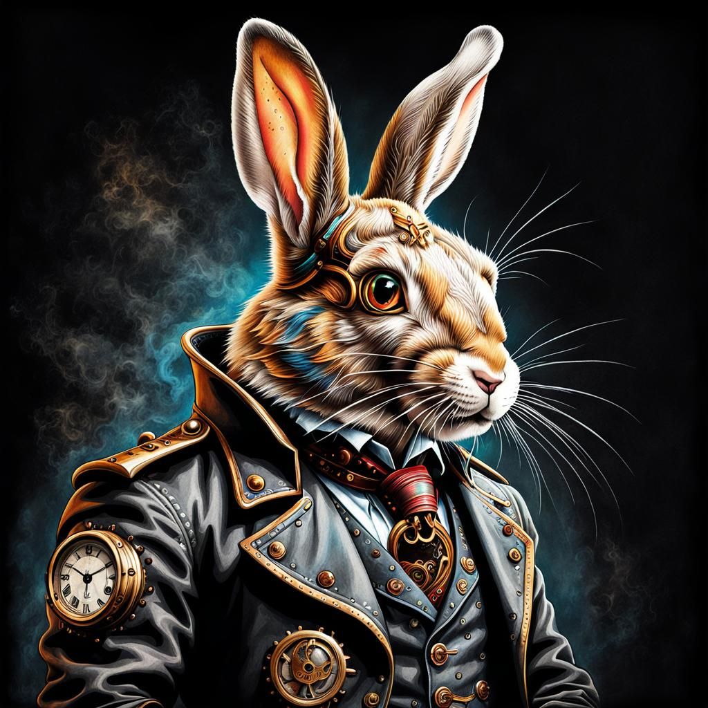 Steampunk Rabbit Portrait on Parchment, Mixed Media Art