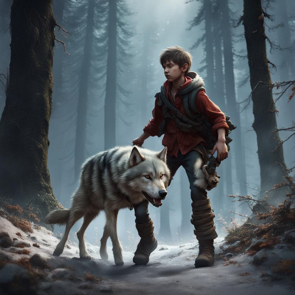 Boy and Wolf in Forest: Fantasy Concept Art