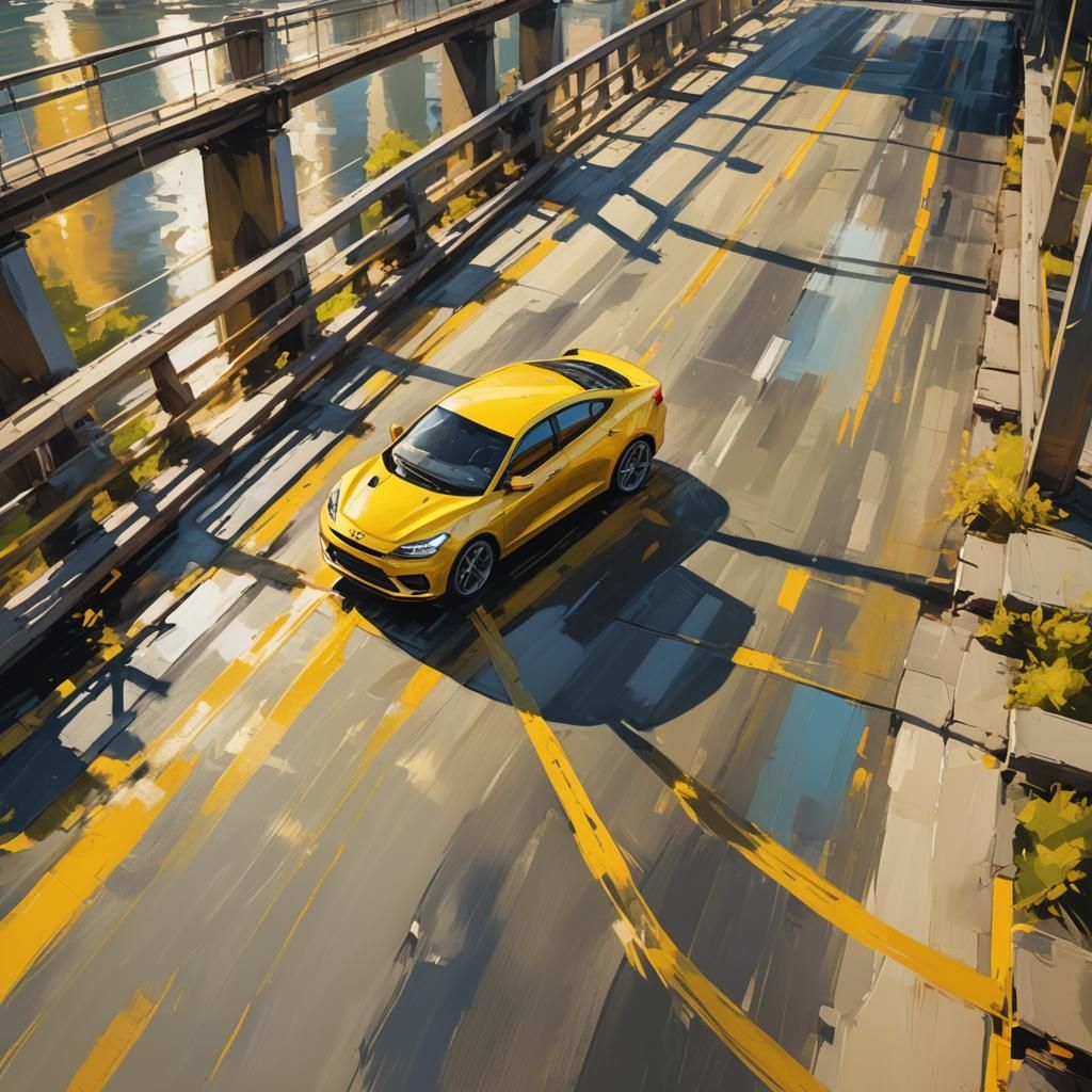 Yellow Car Jumping: Vibrant Oil Painting Concept Art
