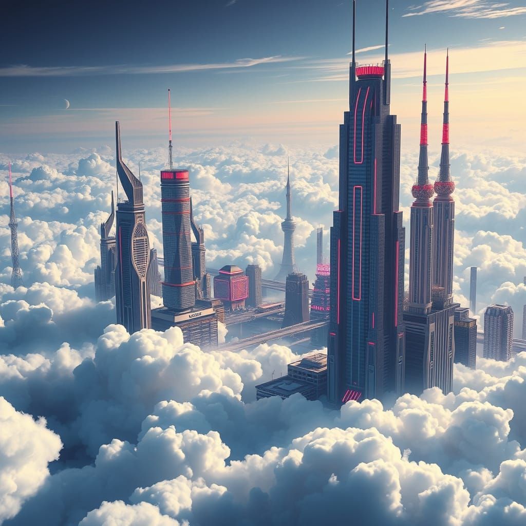 Floating Cityscape in Cyberpunk Style