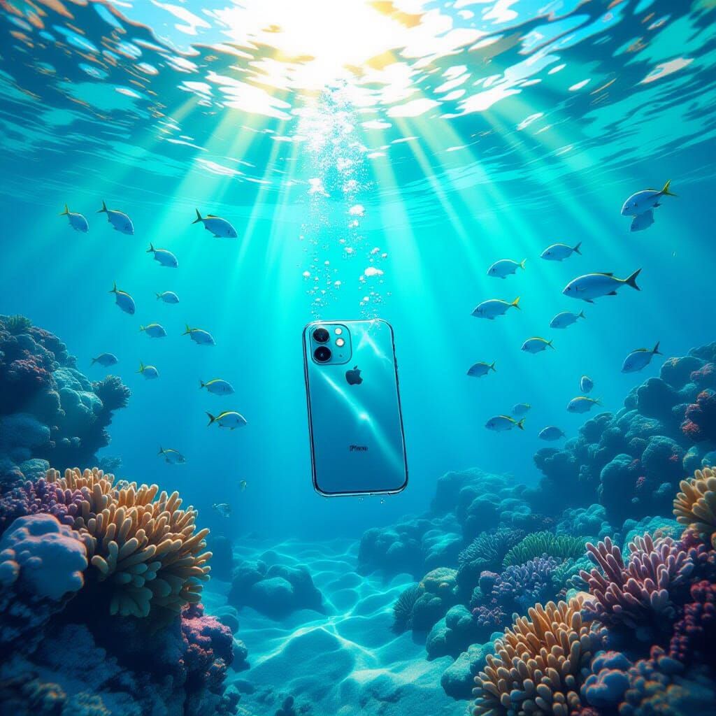 iPhone Submerged in Vibrant Ocean, Sunlight Beams Dance