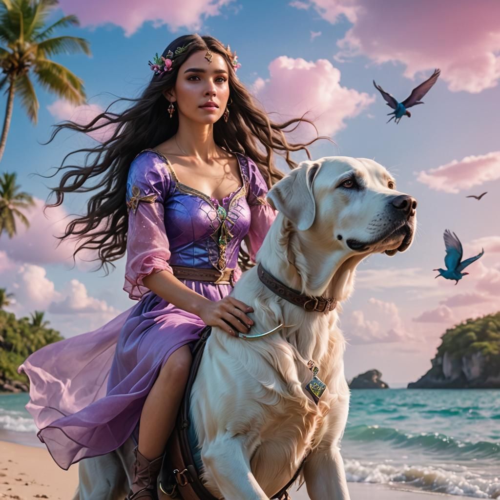 Elf Woman Riding a Flying Labrador in Tropical Setting