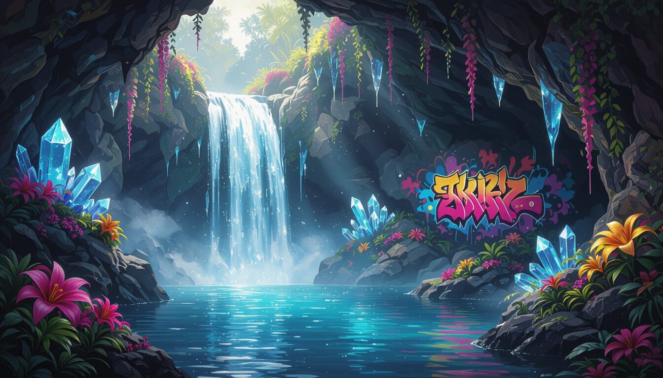 Luminous Waterfall in Crystal Grotto: Graffiti Art Style