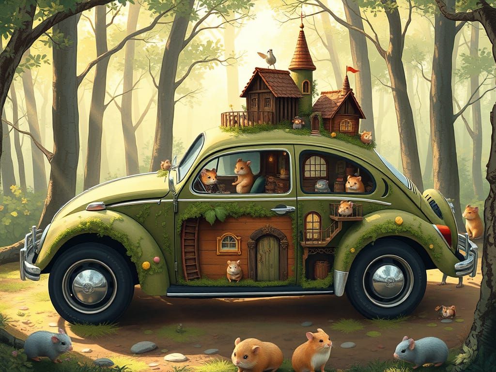 Whimsical Hamster Village in a Vintage VW Beetle