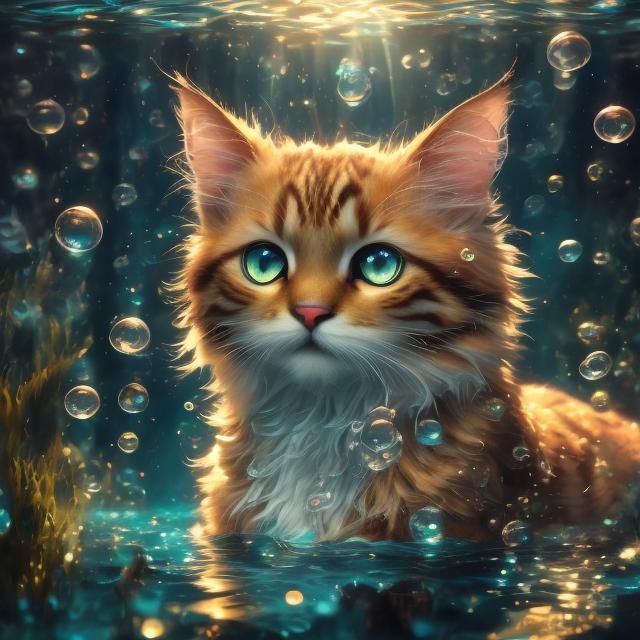 Mythical Cat Underwater Vaporwave Fantasy