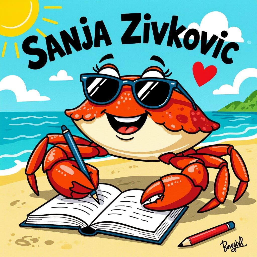 Cartoon Crab Writes a Book on Sunny Beach