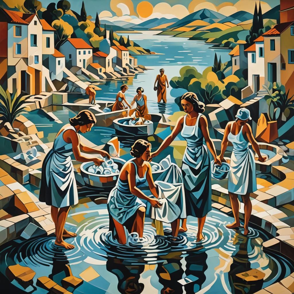 Neo-Cubist Women Washing Clothes in River