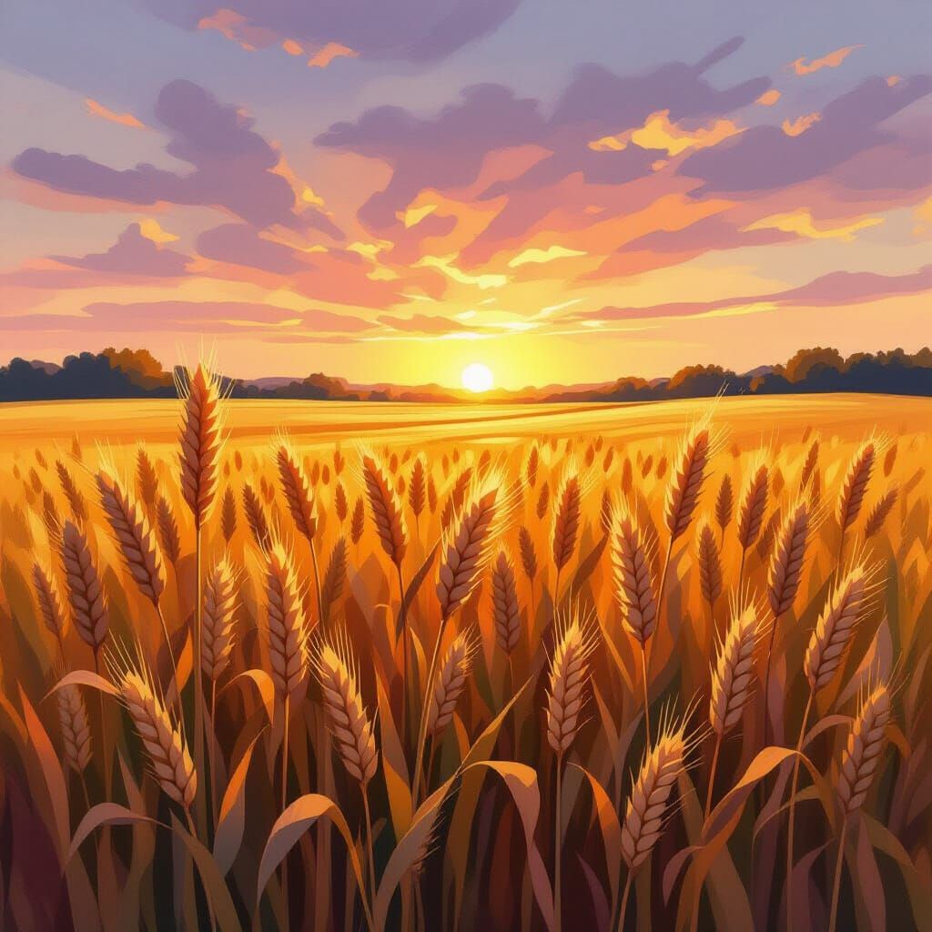 Abstract Wheat Field at Sunset in Painterly Style