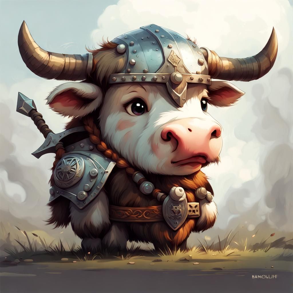 Chibi Cow Viking Barbarian with Battleaxe