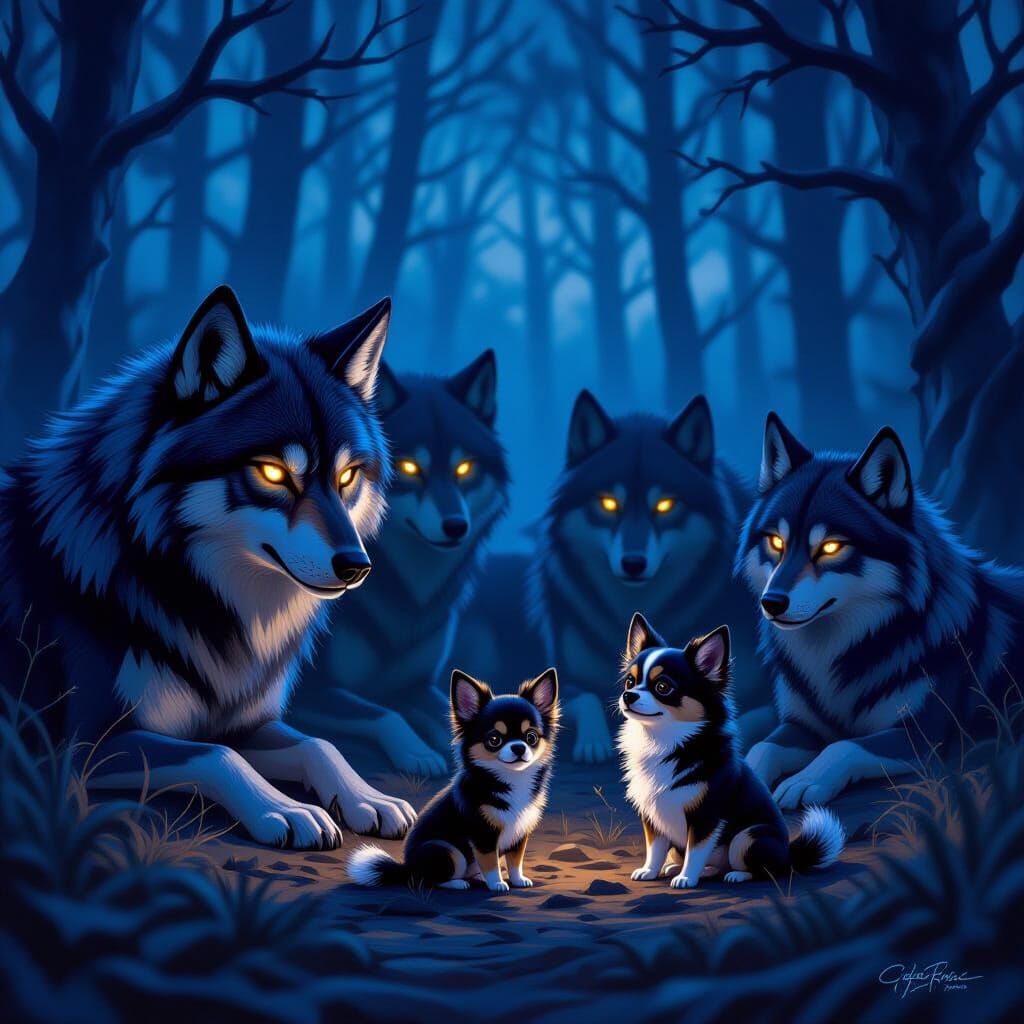 Chihuahua Befriends Wolves in Dark Fantasy Forest