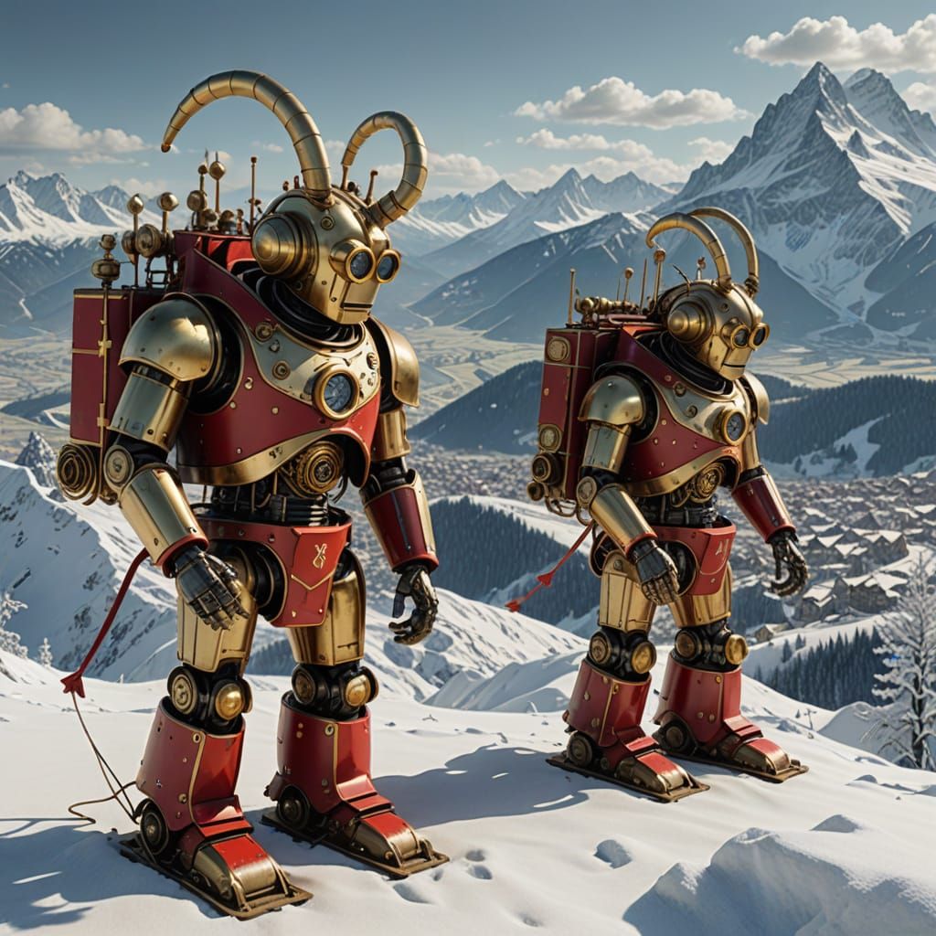 Steampunk Robots Play Alpine Horns in Snowy Alps Macro Photo
