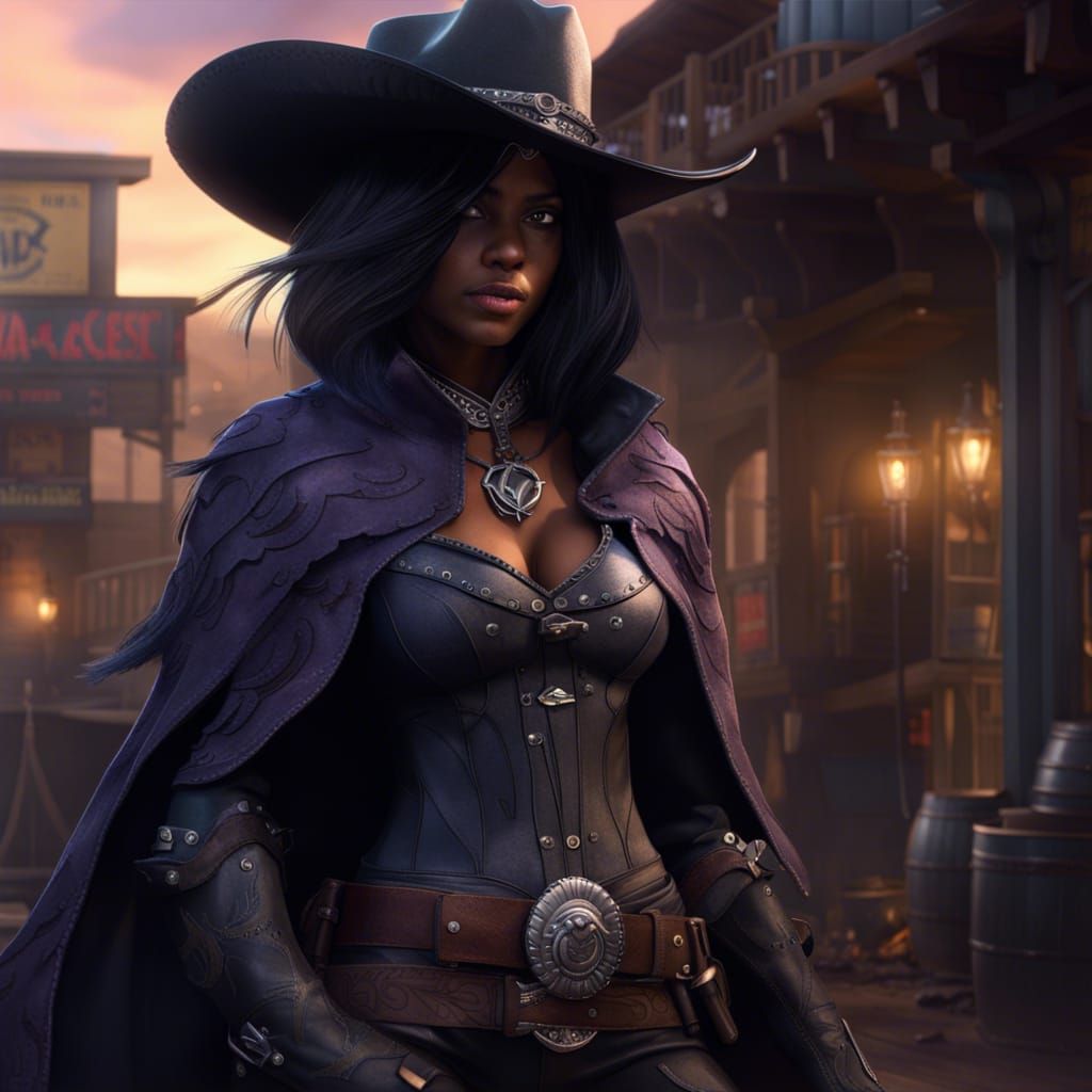Raven as Cowgirl in Western Town: Digital Art